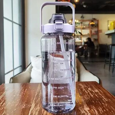 Youfap Market Water Bottle With Straw, Plastic Sports Cup For Outdoor Fitness, High Value Big Fat Cup With Time Marker purple