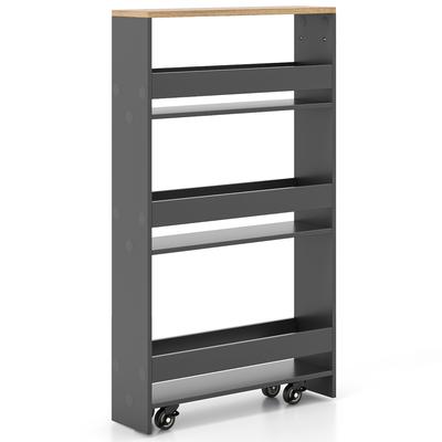 COSTWAY Nischenregal 4 Ebenen auf Rollen, Küche schmal, seitlicher Griff Holz, 48x12,5x81 cm