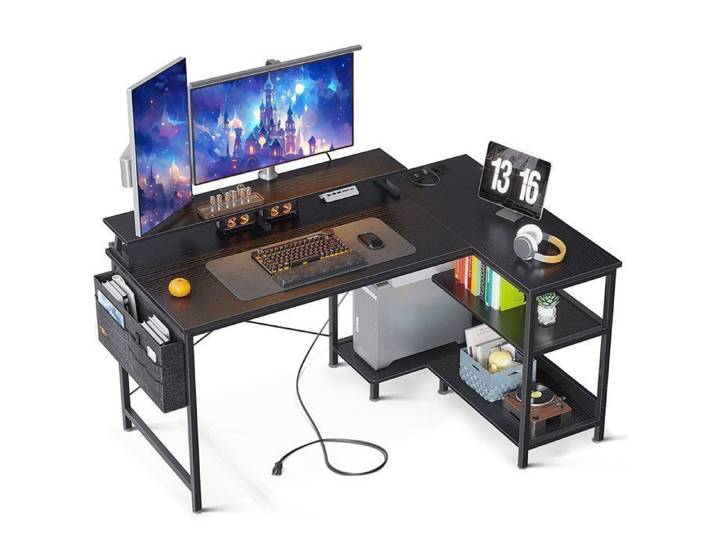 Bureau gaming LED Coleshome Bureau d'Angle avec rangement intégré et ports USB 120x80cm Noir