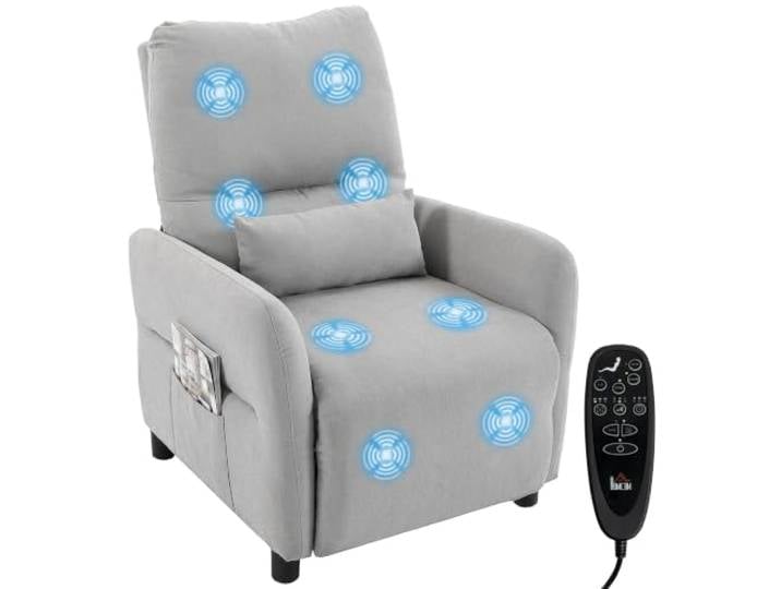 HOMCOM Relaxsessel mit Massage & Wärme, manuell Verstellbarer TV-Sessel mit ausziehbarer Fußstütze, 2 Seitentaschen, Frotteebezug, grau