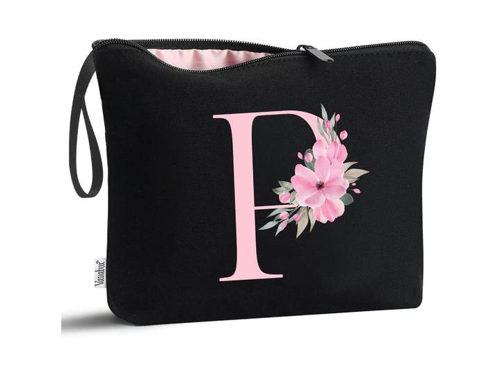 Kosmetiktasche mit Initialdruck Schwarz, 20x1x25 cm, Badaccessoires, Kosmetikdosen