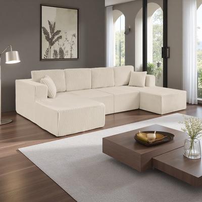 "161"" Corduroy U-Shape Modular Sectional Sofa with Sleeper Function and Space-Saving Design"