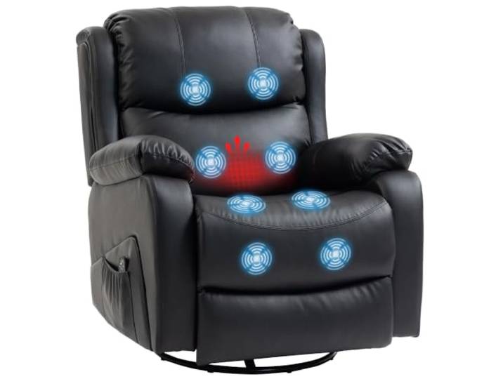 HOMCOM Relaxsessel Verstellbar mit Liegefunktion, 3 Massagemodi Schwarz Fernsehsessel, Heizung, Drehbar, Massagesessel mit Wippfunktion, Fernbdienung, Kunstleder, Seitentasche