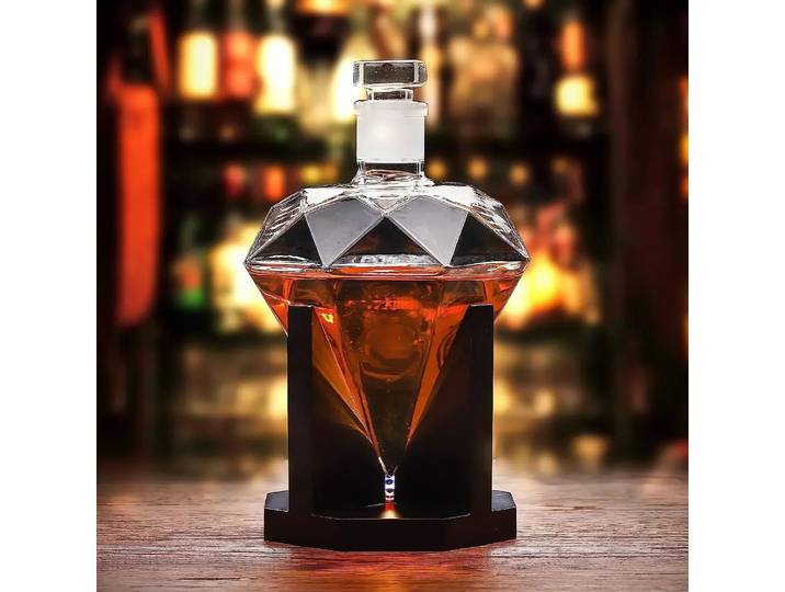 Carafe à whisky en verre de 1000 ml, bouteille à vin en forme de diamant avec support en bois, bouchon hermétique, convient à tous les types d'alcool, cadeau