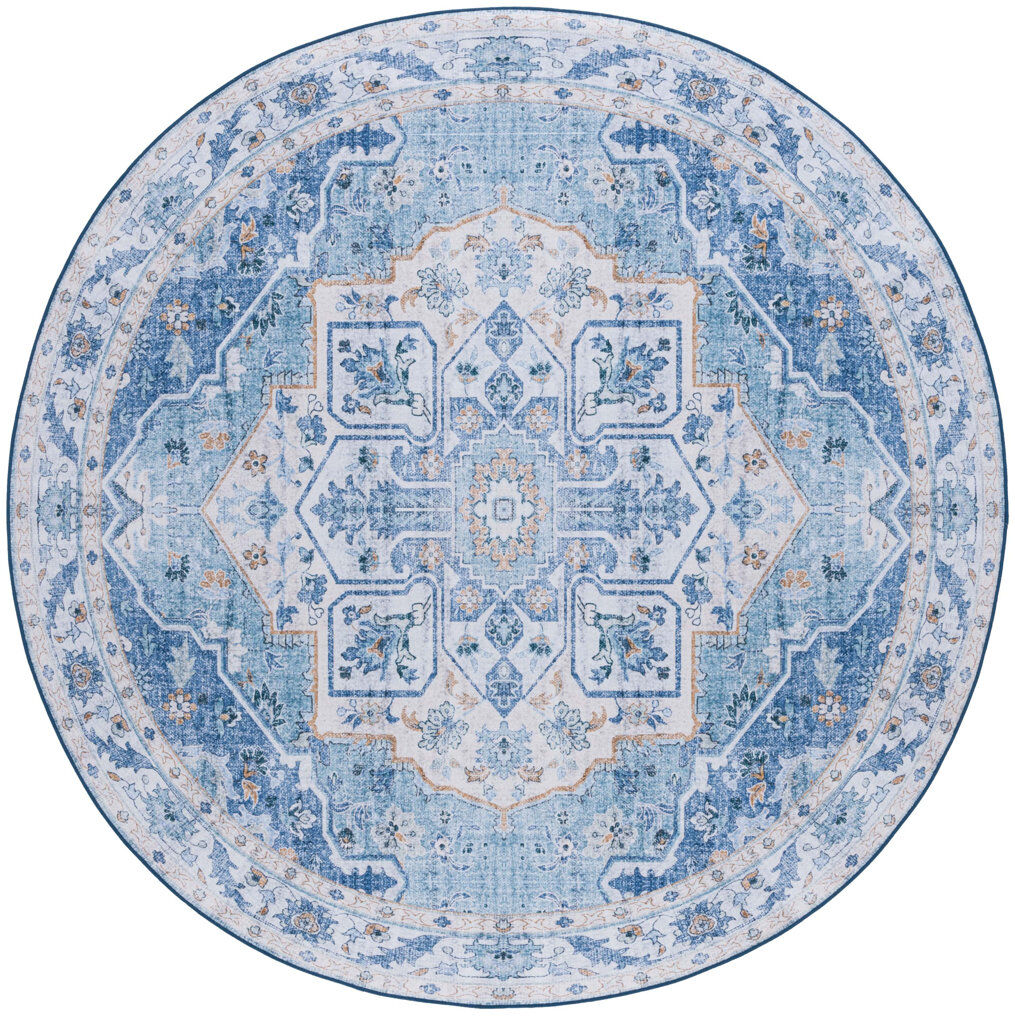 ClassicLiving Sandin Oriental Machine Washable Non-Slip Area Rug In Blue Blue Round 183cm