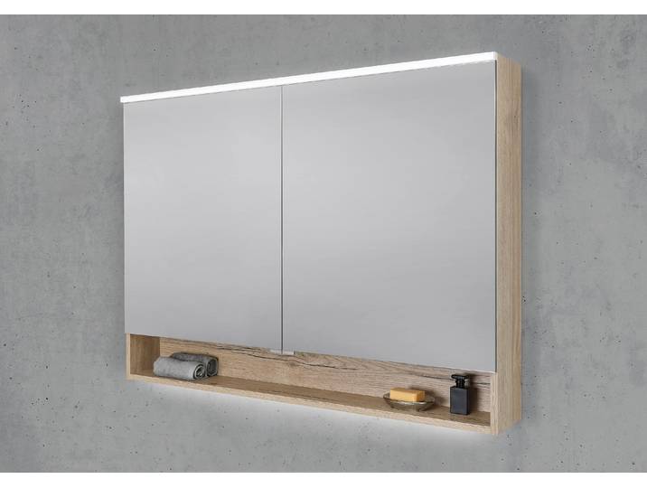 Spiegelschrank 120 cm mit offenem Fach MULTI Light LED Beleuchtung Doppelspiegeltüren