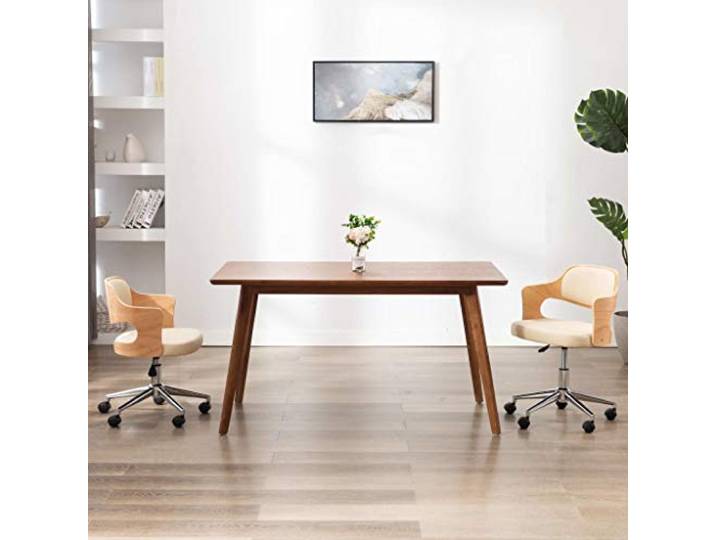 KGHFDVB Drehbarer Esszimmerstuhl Creme Bugholz Kunstleder mit Rollen Höhenverstellbar, 5 Rollen, pflegeleicht, stabiler Holzrahmen, einfache Montage, Belastbarkeit 110 kg