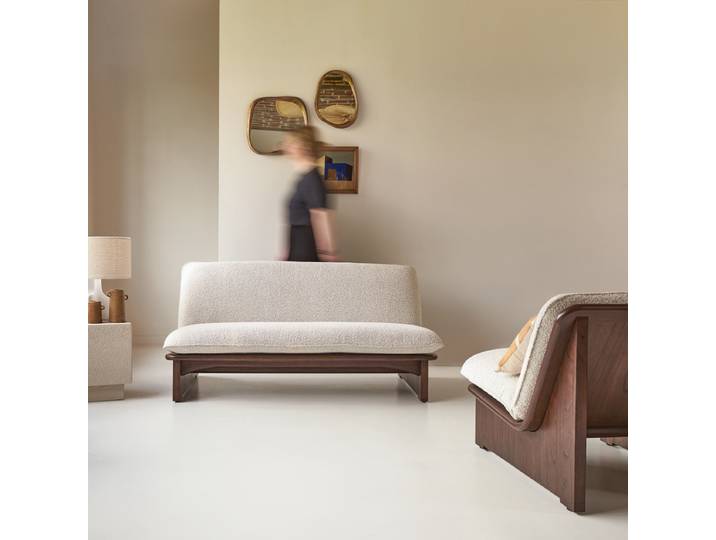 2-Sitzer-Polsterbank aus massivem Mindiholz mit ecrufarbenem Stoffbezug - Beige - Dark mindi wood