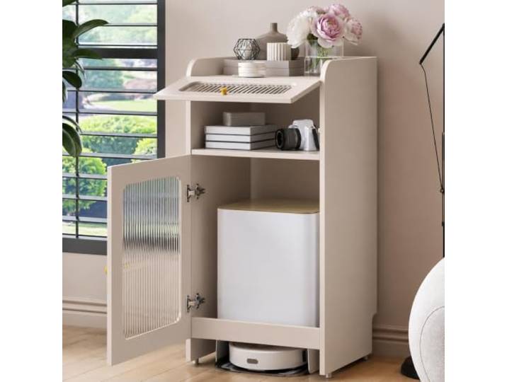 Saugroboter Verstecken Schrank, Aufbewahrungsregal für Saugroboter Türen und Schubladen, Moderner Beistelltisch mit Rollen, Glastür, für Wohnzimmer, Büro und Küche(Beige)