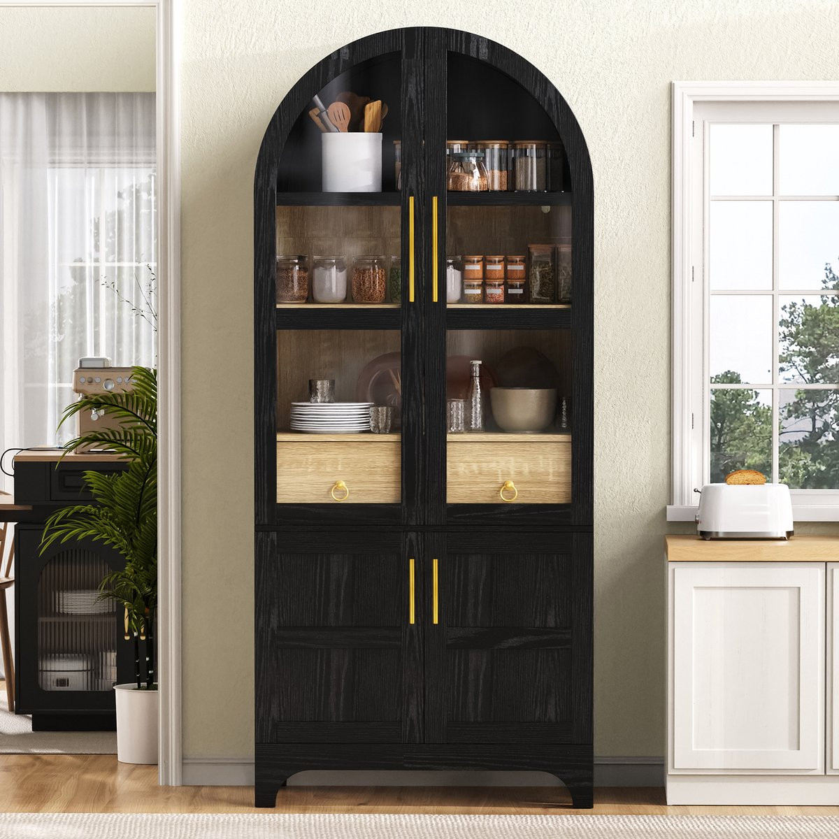Zwarte Buffetkast Highboard met Ribbelglas en Schuiflade voor de Woonkamer, Keuken of Eetkamer