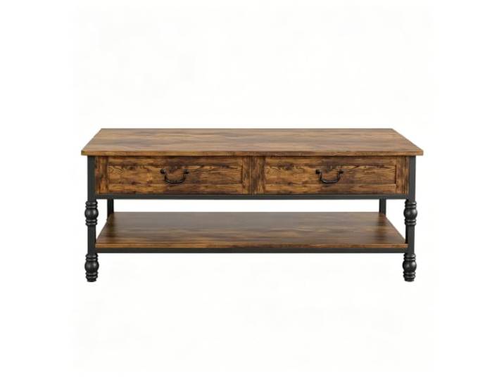 GarveeHome Couchtisch 104 cm Holz 2 Schubladen Metallbeine Vintage Braun Rechteckige Platte, Untere Ablage, Robuste Basis, Pflegeleicht, Bürobereich