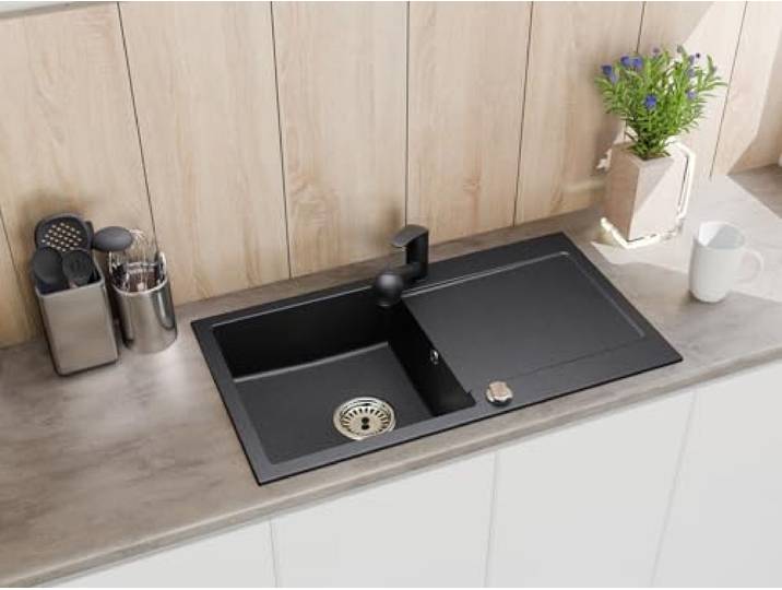 Faizee Home Granitspüle 90x50 cm – Reversibles Spülbecken mit Abtropffläche inkl. Siphon & Drehexzenter Kratzfest, hitzebeständig & für 45 cm Unterschränke (Daga, Schwarz Gesprenkelt)