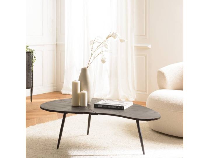 JAMES - Table basse ovoïde plateau texturé noir mat pieds en fer noir JAMES