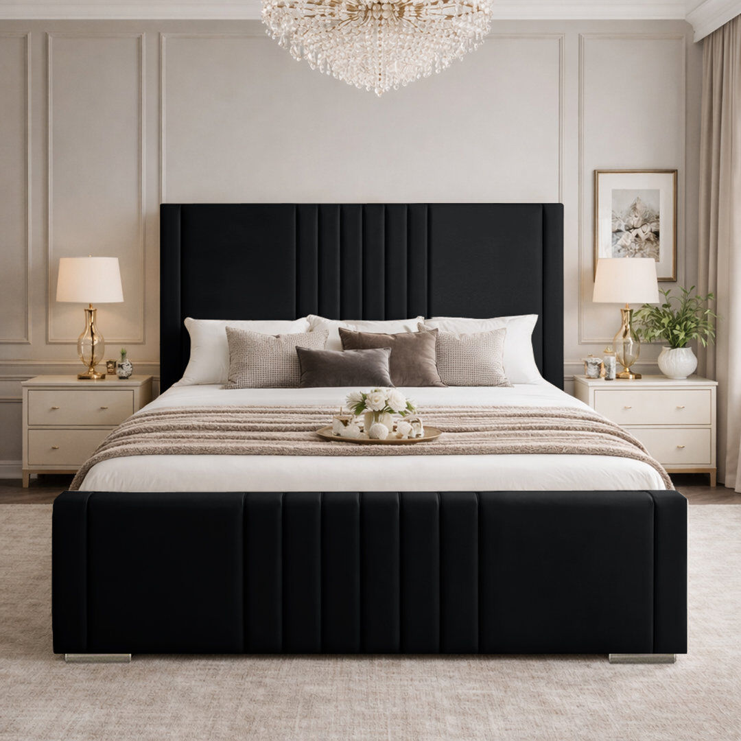 Canora Grey Upholstered Velvet Bed Black Double (4'6)