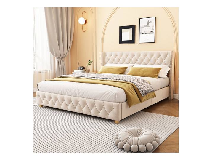 BlingBin Polsterbett 180x200 cm Doppelbett mit Lattenrost und Kopfteil (1er Set, 1-tlg., Gewichtskapazität: 300kg, Ohne Matratze), Jugendbett mit Nietenpolsterung für Schlafzimmer, Hellbeige