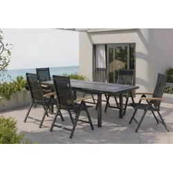 OUTFLEXX Premium Garten-Essgruppe, OUTFLEXX® anthrazit matt, Alu / Glas / Teak, Tisch 180/240x100cm, 6 Klappstühle