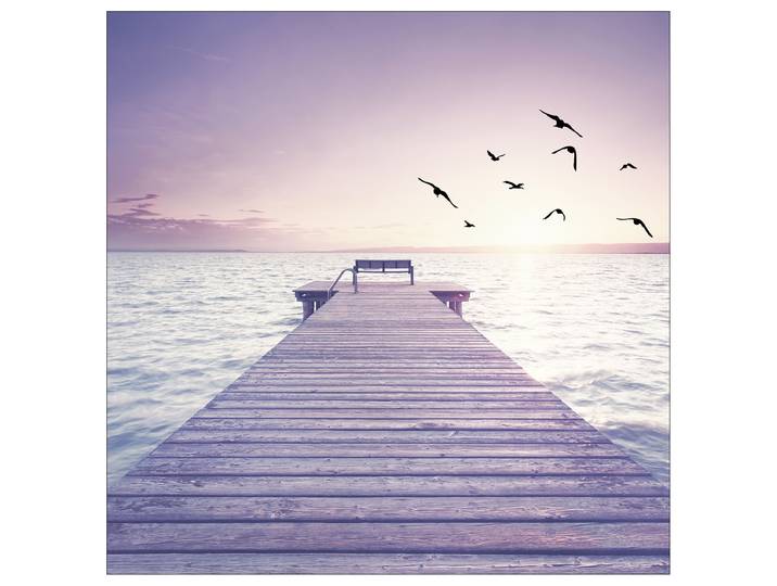 Tableau Banc solitaire I Cadre : panneau de fibres de bois MDF Revêtement : toile Bleu/Mauve/Jaune 30 x 30 x 2cm