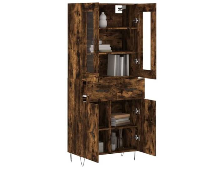 KTHLBRH Anrichte Eiche Rauch 69,5 x 34 x 180 cm Holz mehrschichtig Metallfüße, großer Stauraum, Dekoglas, Wandbefestigung inklusive