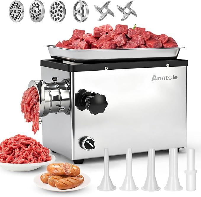 Fleischwolf Elektrisch Profi Hackfleisch Maschine 950W Edelstahl Multi Wurstmaschine mit 6/8/10mm/3-Loch Schleifplatten 1 Wurstfüller 2 Klingen für Restaurant Hotel 220V
