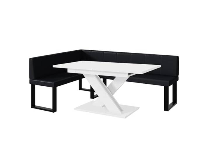 MEBLINI Eckbank für Esszimmer mit ausziehbarem Tisch - Küchenbank - Essecke - Sitzecke Küche - Peter - U-Beine 142x196x87cm Links - Schwarz Kunstleder/B Weiß Matt