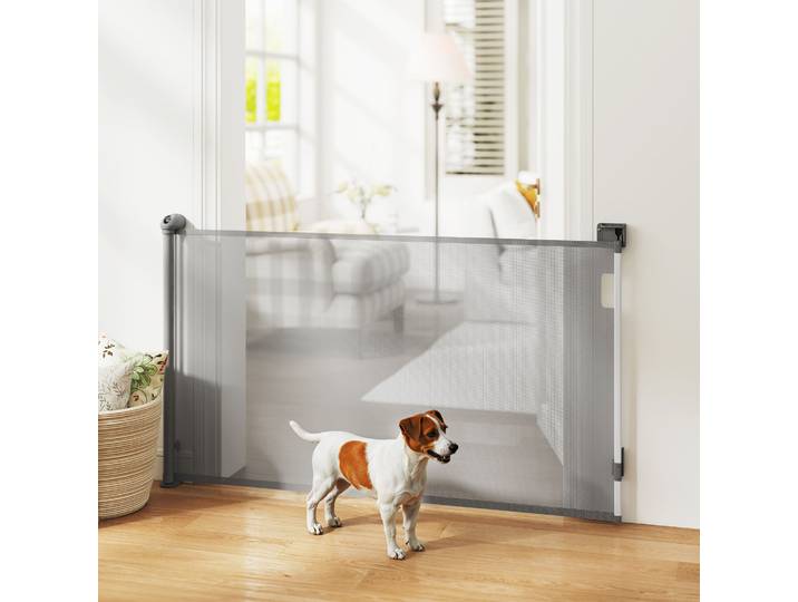 PawHut Barrière Rétractable Chien 0-144cm Verrouillage Gris