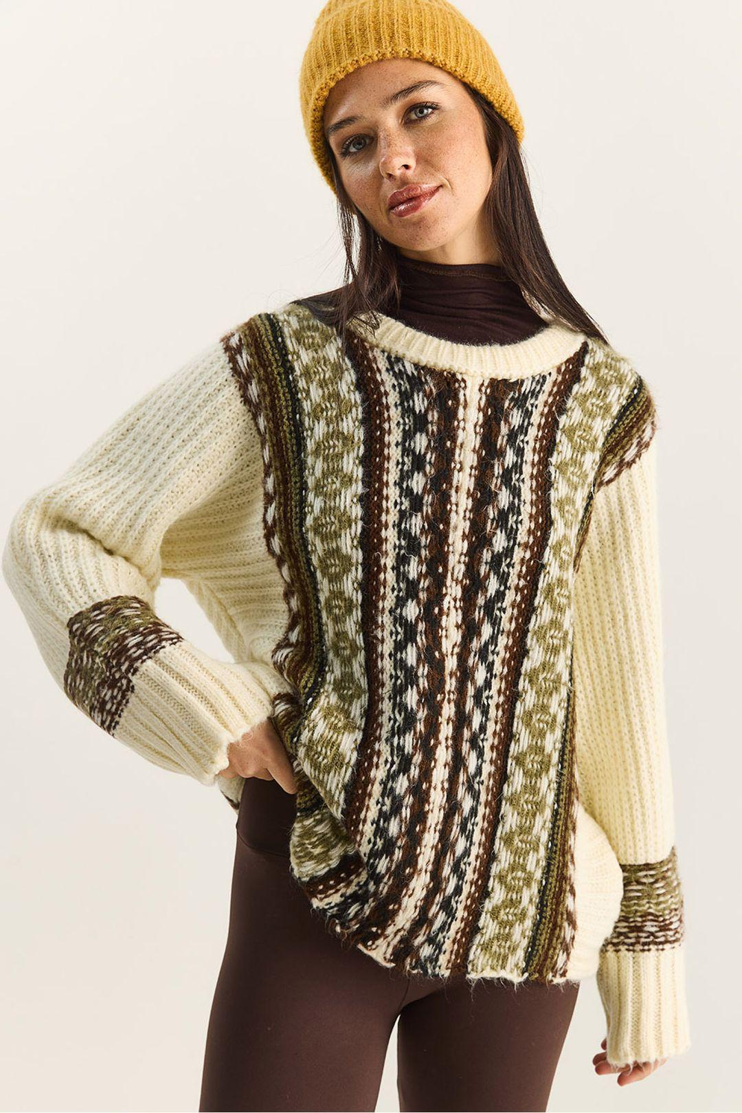 Übergroßer ethnischer Print-Strickpullover
