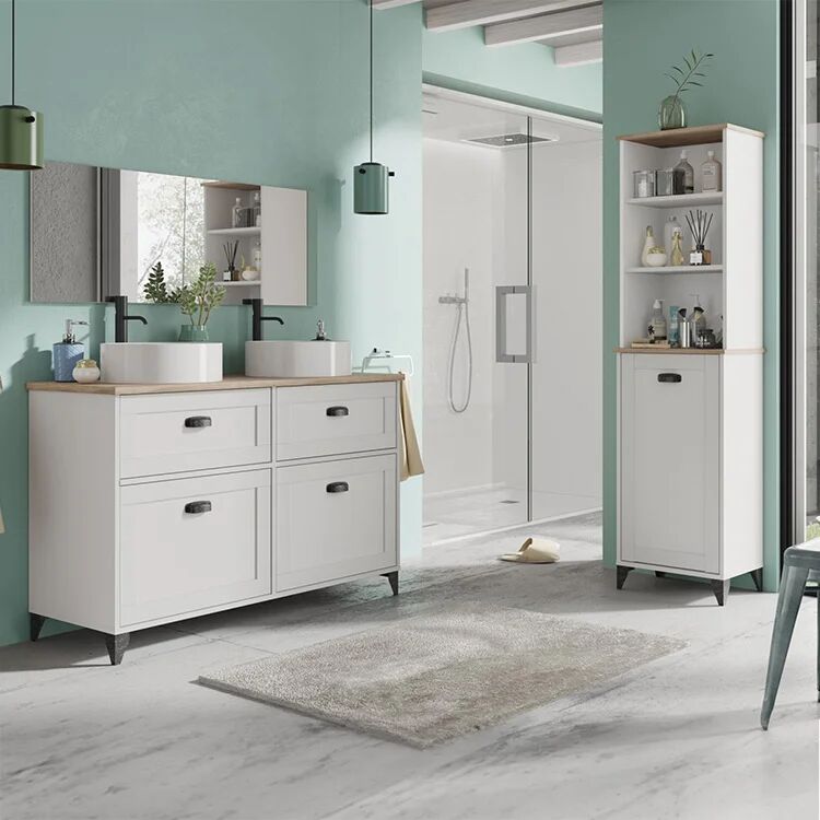 garneroarredamenti Mobile bagno a terra 120cm con doppio lavabo e colonna shabby bianco rovere Ilias