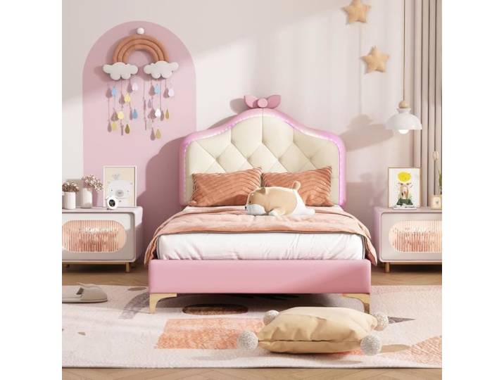 Lit simple - 90x200cm - Rembourré LED - Nœud papillon rose - Design contemporain