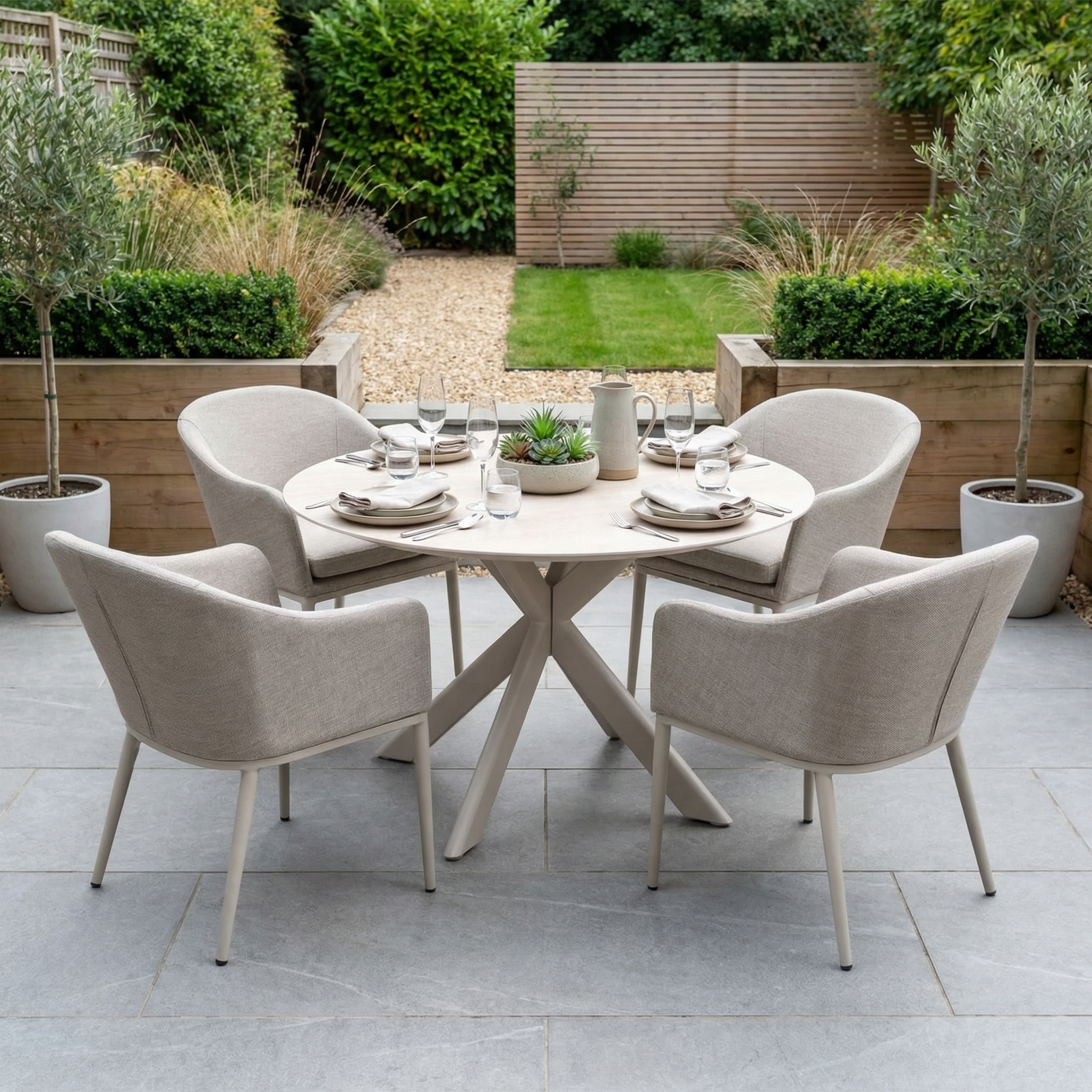 Harbour Lifestyle Luna 4 Seat Round Outdoor Fabric Dining Set with Albatross Table in Fawn