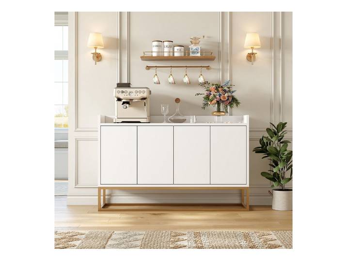 Simurq Sideboard Küchenschrank 120 cm mit 4 Türen,Push-to-open,Verstellbare Böden (Einzelverpackung, 120x30x80 cm Küchenbuffet, Buffetschrank mit stabile Metallfüße), 3 Verstellbare Böden, grifflose Push-to-open-Türen,Arbeitsplatte