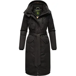 NAVAHOO Damen Wintermantel lang Parka warm Jacke mit Bindegürtel, Kapuze & Kragen Hokulanii