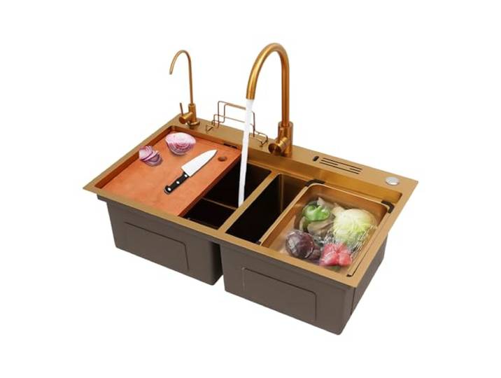 Spüle 78*46*24 cm Einbauspüle 2 Backen Edelstahlspüle mit 2*Ablaufgitter Spüle Küche mit 1*Messerhalter Schneidebrett Schneidebrett-Halterung Wasserhahn mit Wasserfilter