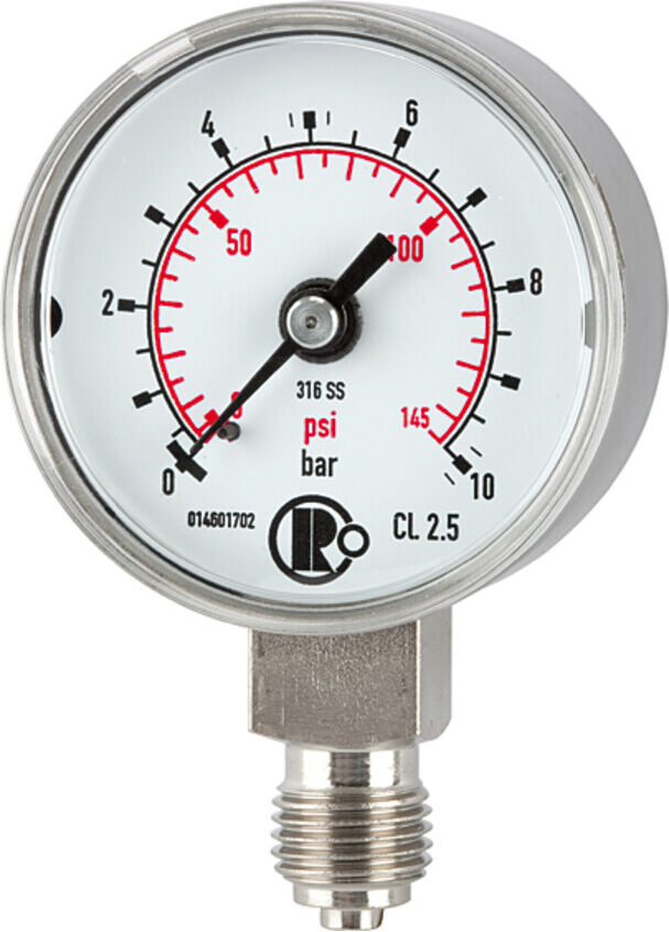 Riegler Standardmanometer, CrNi-Stahl, G 1/4 unten, 0 - 100,0 bar, Ã˜ 40 (4111)