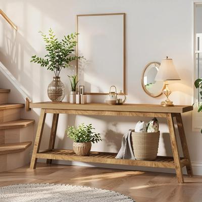 Jiallo "70.9"" Extra Long Farmhouse Console Table, Light Brown"