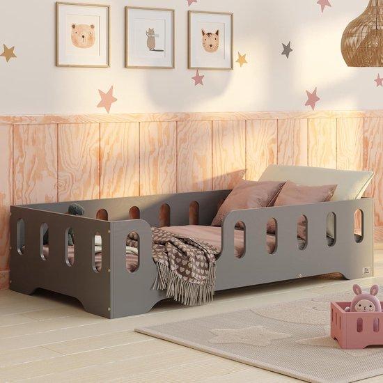 Famanu Kinderbett aus Holz Montessori Design mit hoher Tragfähigkeit - Grau 100x200 cm