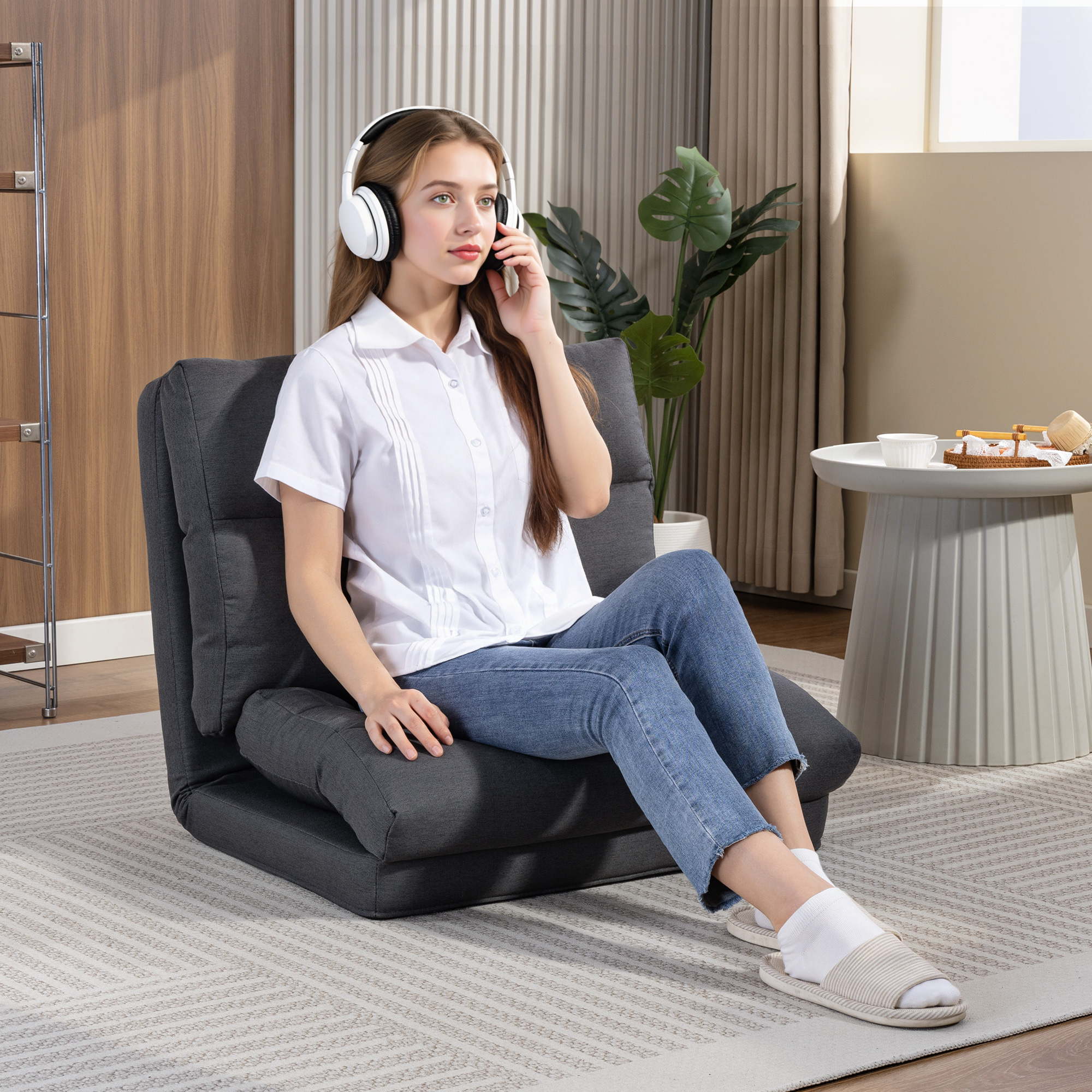 Homcom Pouf pieghevole con funzione letto con schienale reclinabile, fino a 120 kg, 70x72x56 cm, Grigio scuro   Aosom Italy