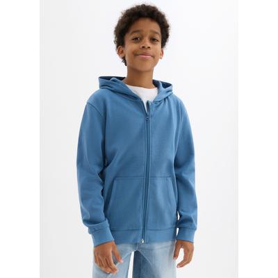 Kapuzensweatjacke BONPRIX, Jungen, Gr. 140/146, blau (wellenblau), Obermaterial: 60% Baumwolle, 40% Polyester, Sweatjacken, für Jungen, aus Baumwolle und Polyester, bequeme Passform, mit Kapuze