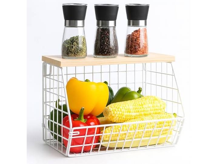 Relaxdays Panier mural pour fruits\, étagère suspendue\, H x L x P : 22 x 30 x 20 cm\, panier en métal\, blanc/naturel