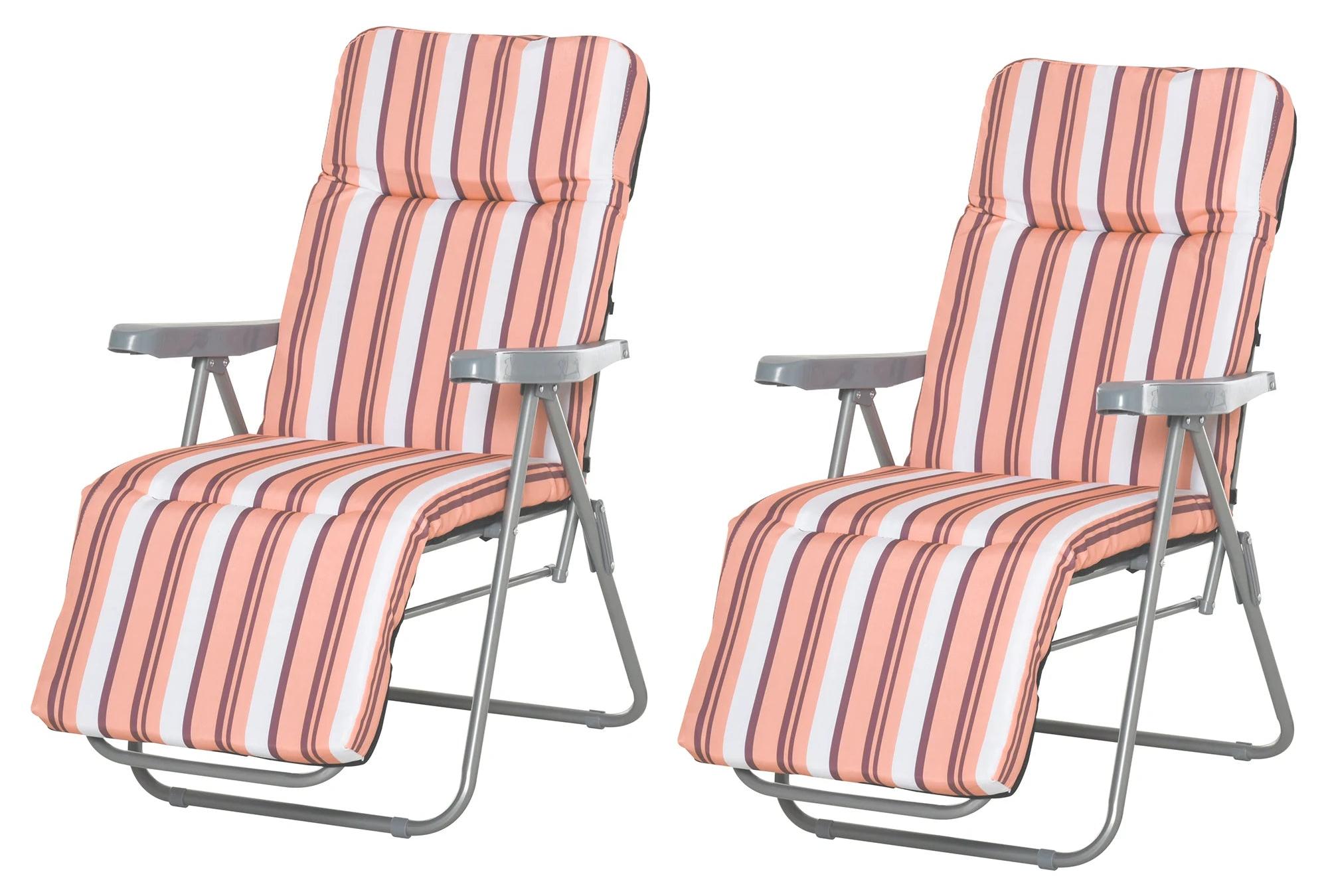 Set aus 2 orangefarbenen, klappbaren Gartenmöbeln, bestehend aus Lounge-Stühlen mit verstellbarer Rückenlehne