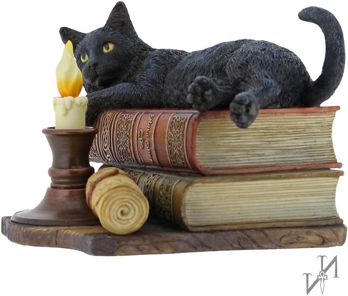 Witching Hour Beeldje - Zwarte Kat op Boeken - Mystieke Decoratie - Bruin - Hoogte: 20.5 cm