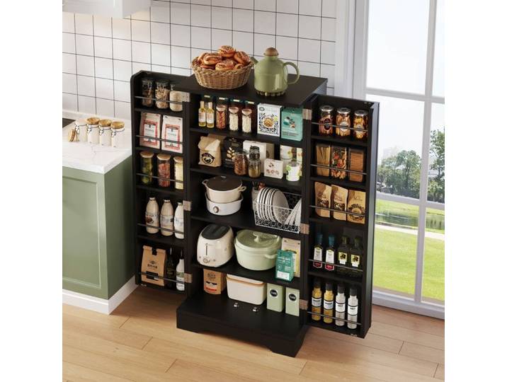 Colonne de cuisine 2 Portes Étagère Réglable et Éclairage LED - YEAVIO - MDF Noir pour Cuisine 60×40×120 cm