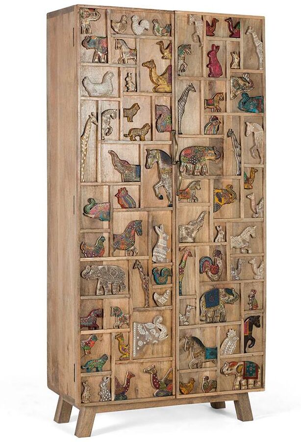 Pharao24.de Schrank Holz Massivholzschrank mit Tier Motiven geschnitzt