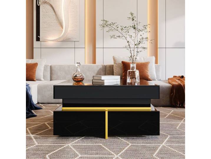 Table Basse avec Tiroirs - Table D'Appoint avec Bordure DoréE - Table Basse Haute Brillance - Pour La Maison et Le Bureau - Noir