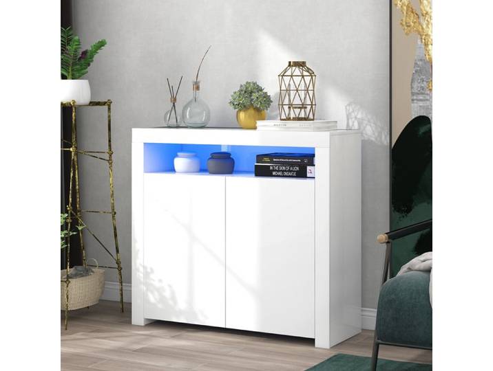 Buffet blanc laqué avec LED meuble rangement salon cuisine avec vitrine moderne multifonction et éclairage décoratif