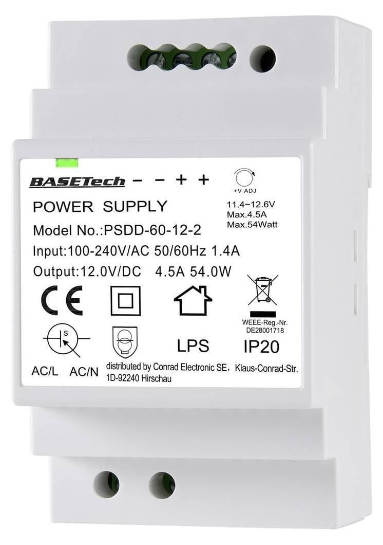 Basetech BT-2250320 Netvoeding voor montage op din-rail, 12 V, 4.5 A, 54 W, 2 uitgangen