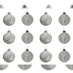 Christmas Decorations 12 Weihnachtskugeln 8cm Glas Pailletten Perlen Christbaumkugeln weiß