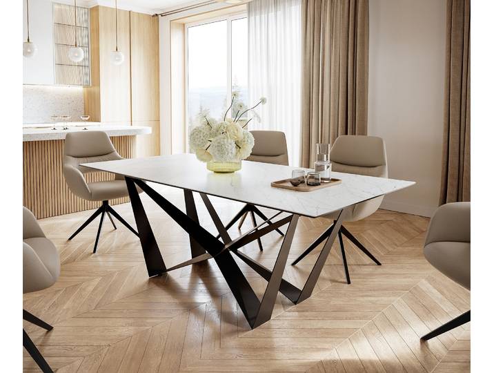 DELIFE Esstisch Edge 200x100cm Keramik Laminam®Statuarietto Weiß Mittelfuß Flachstahl Schwarz, Esstische