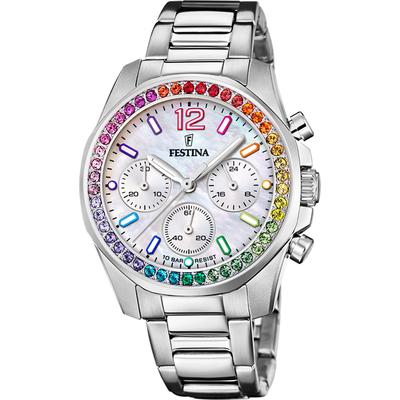 Chronograph FESTINA "Boyfriend Collection", silber (silberfarben, regenbogenfarben, weiß), Armbanduhren, Damen, silberfarben, Chronograph, Armbanduhr, Quarzuhr, Damen, Stoppfunktion, Zirkonia Regenbogenfarben