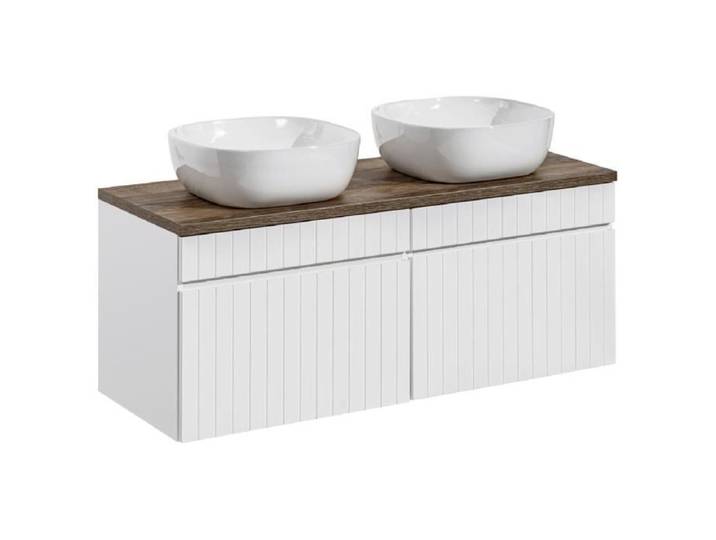 Double meuble sous vasque à suspendre ICONIC blanc avec le plan chêne Santa Fe 120 cm et ses 2 vasque Smile