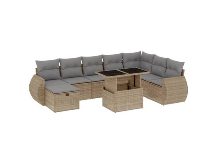KTHLBRH Gartenmöbel-Set 9-teilig mit Kissen in Beige aus Polyrattan Ecksofa, verstellbarer Tisch, Tischplatte aus gehärtetem Glas, abnehmbare Kissen, modulares Design, PE-Rattan, Stahl